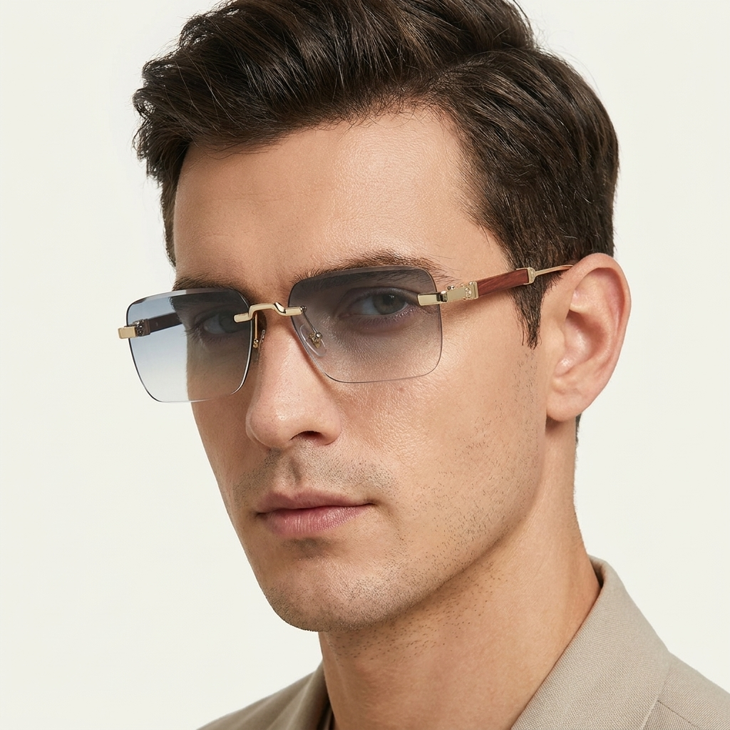 OG Imperial Crest | Luxury Gold Rimless Square Sunglasses with Gradient Ice Blue Lenses