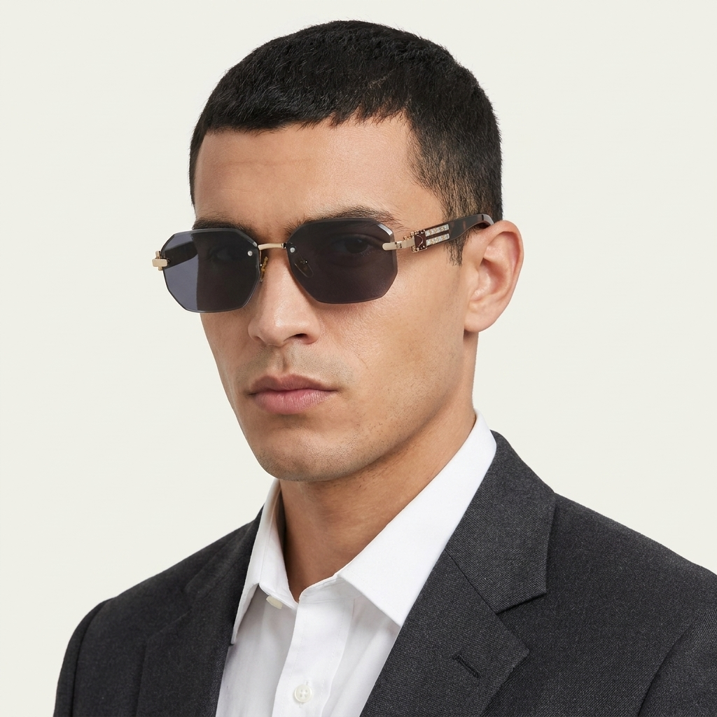 OG Imperial Noir | Luxury Rimless Black Octagonal Sunglasses with Gold Signature Temples