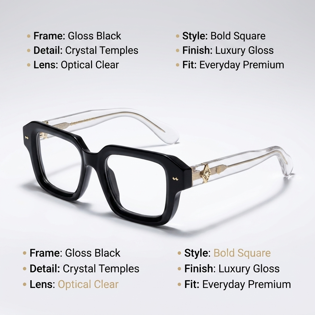 OG Midnight Crystal | Matte Black Luxury Eyeglasses with Transparent Crystal Temples & Gold Signature Accents
