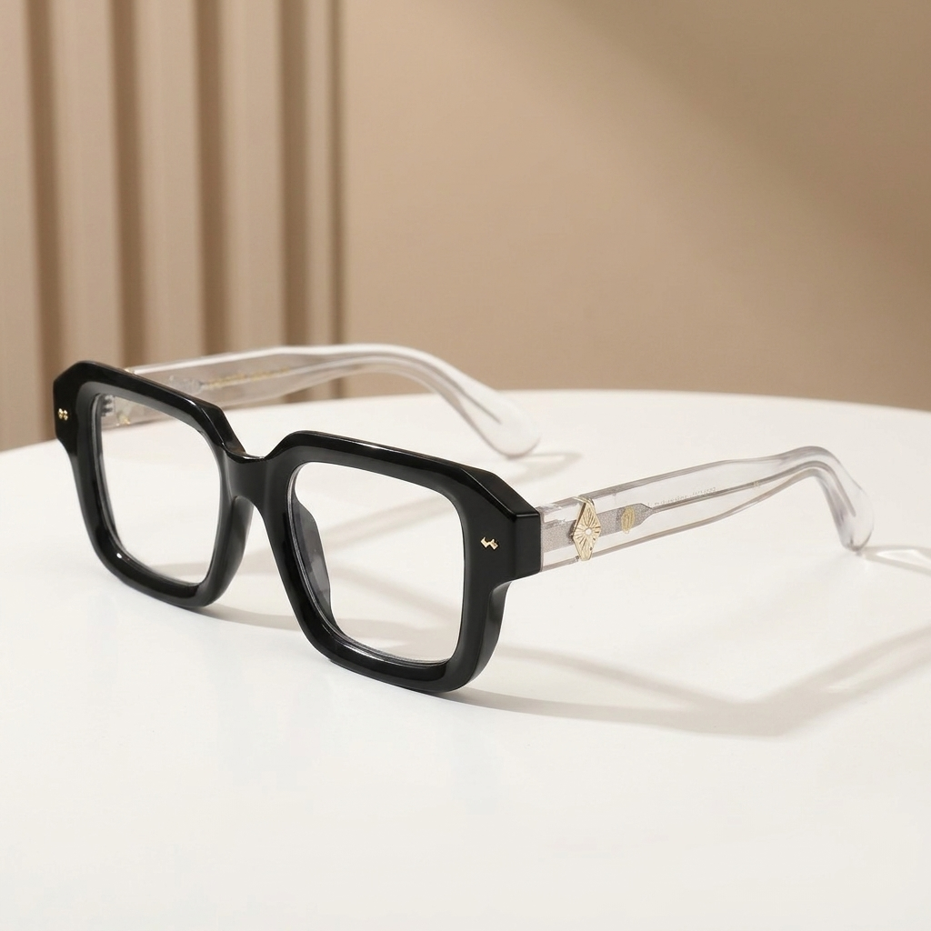 OG Midnight Crystal | Matte Black Luxury Eyeglasses with Transparent Crystal Temples & Gold Signature Accents