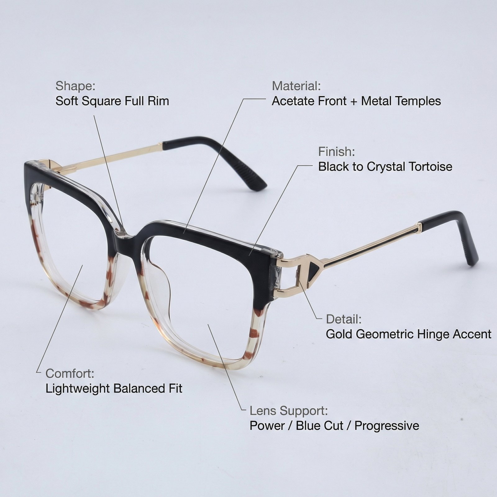OG Noir Havana Luxe Full Rim Square Eyeglasses | Dual Tone Transparent Tortoise Frame with Gold Temples for Women