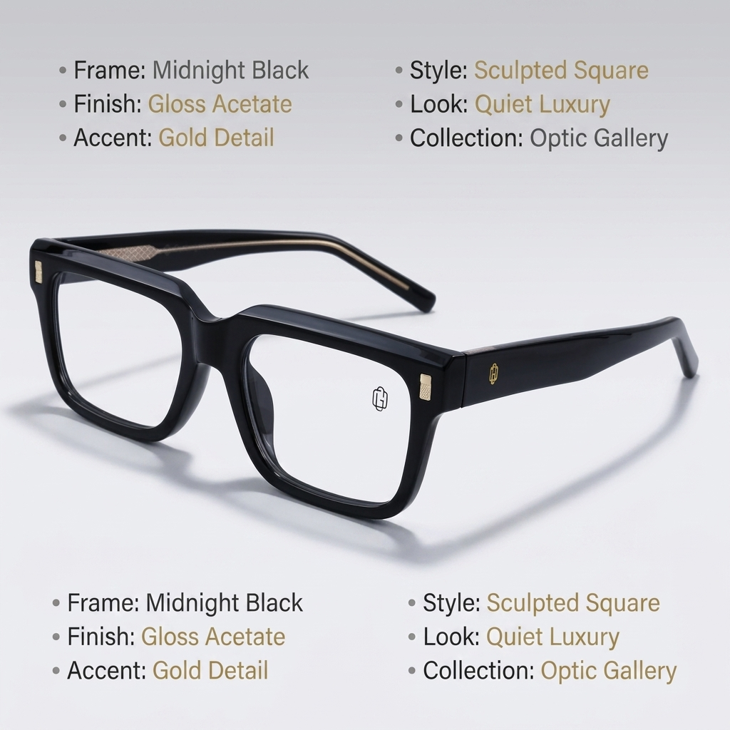 OG Noir Luxe | Gloss Black Square Eyeglasses with Gold Accent Temples