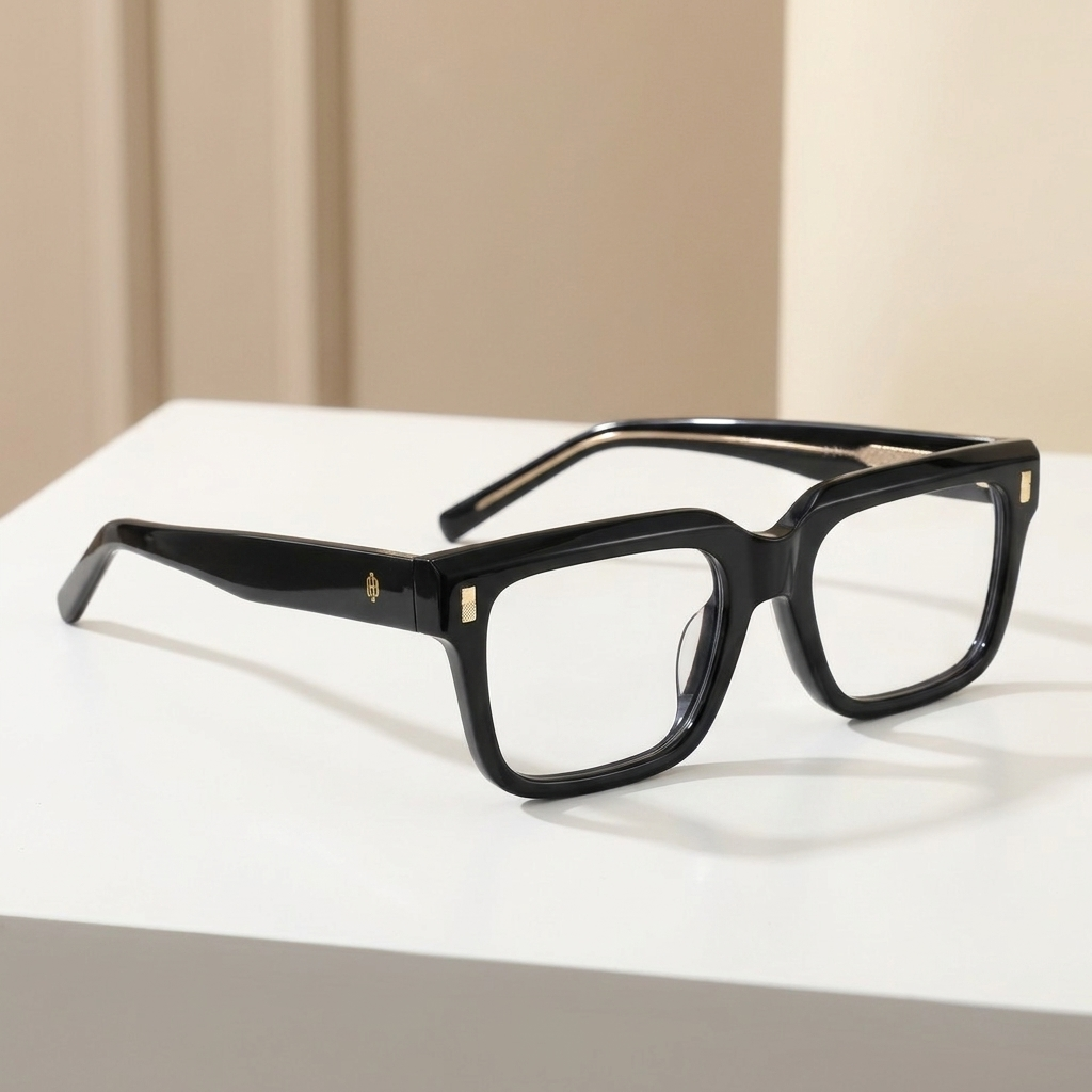 OG Noir Luxe | Gloss Black Square Eyeglasses with Gold Accent Temples