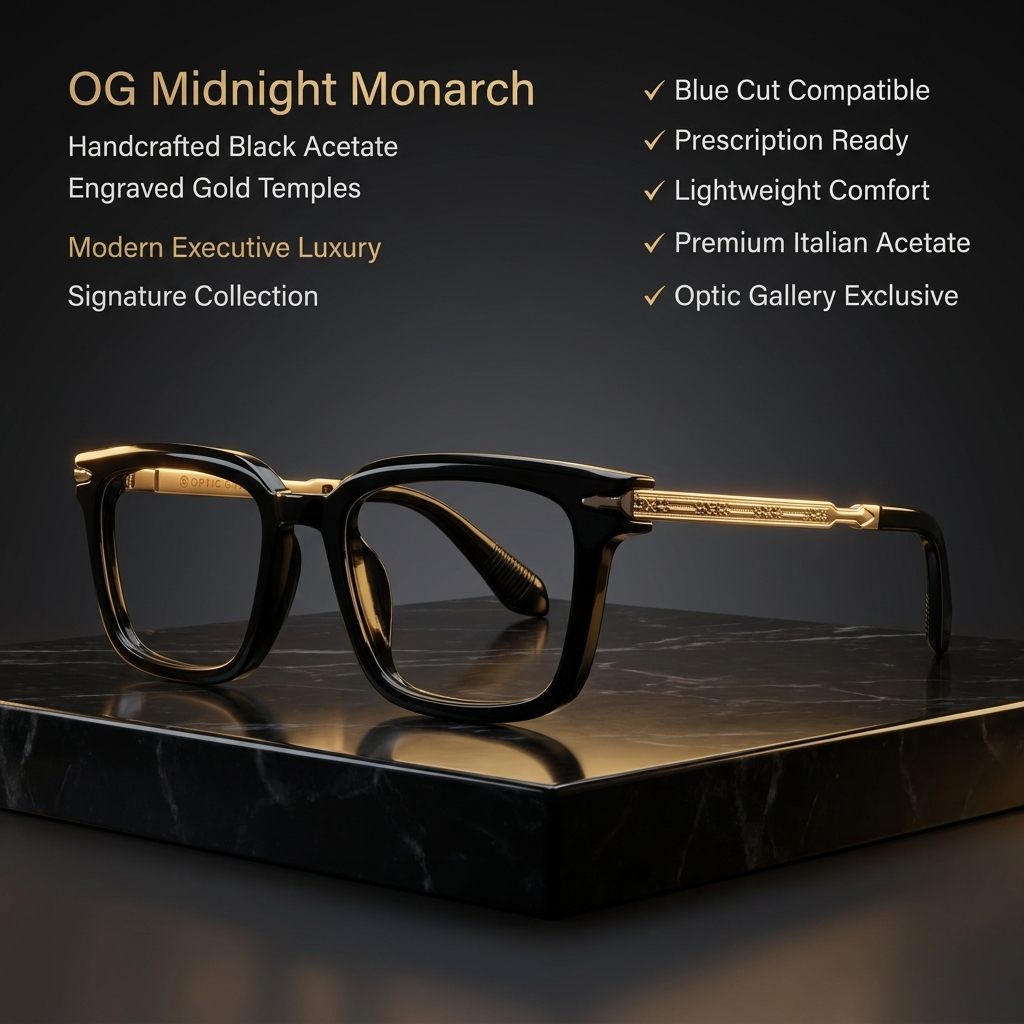OG Noir Monarch | Luxury Black Crystal Optical Frame with Royal Gold Heritage Temples