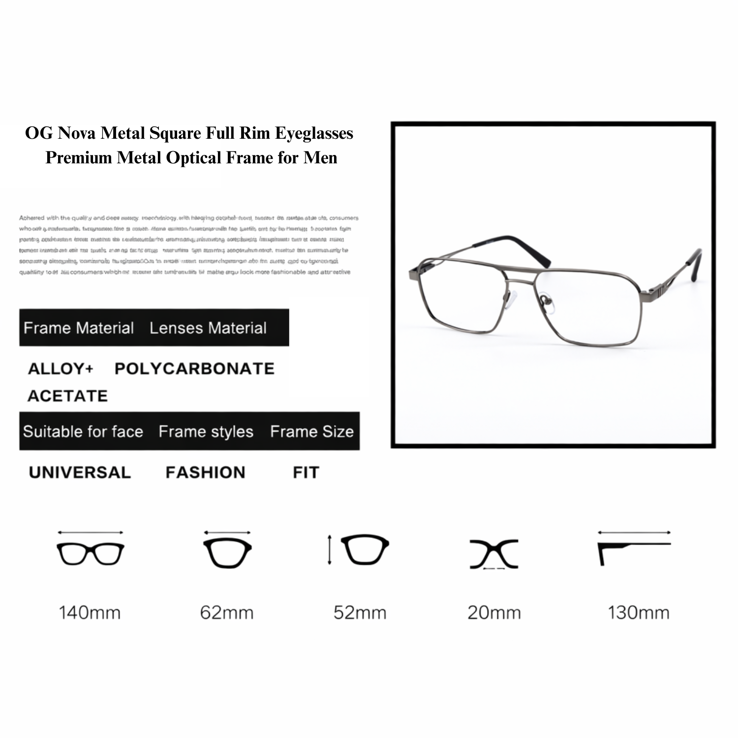 OG Nova Metal Square Full Rim Eyeglasses | Premium Metal Optical Frame for Men