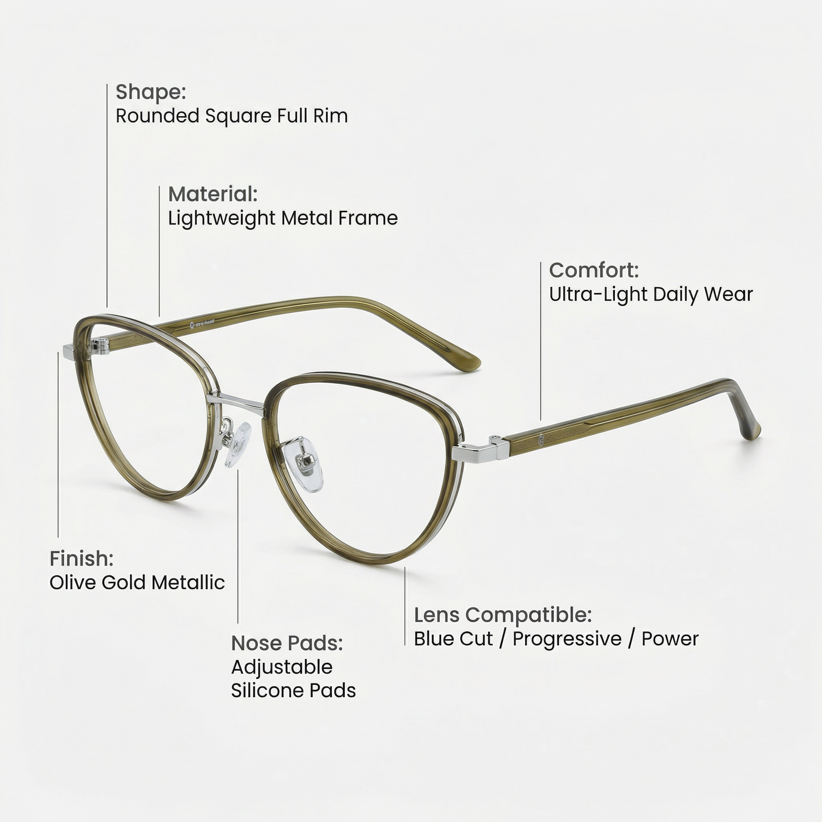 OG Olive Aura Full Rim Round Eyeglasses | Slim Transparent Green Metal-Temple Optical Frame for Women