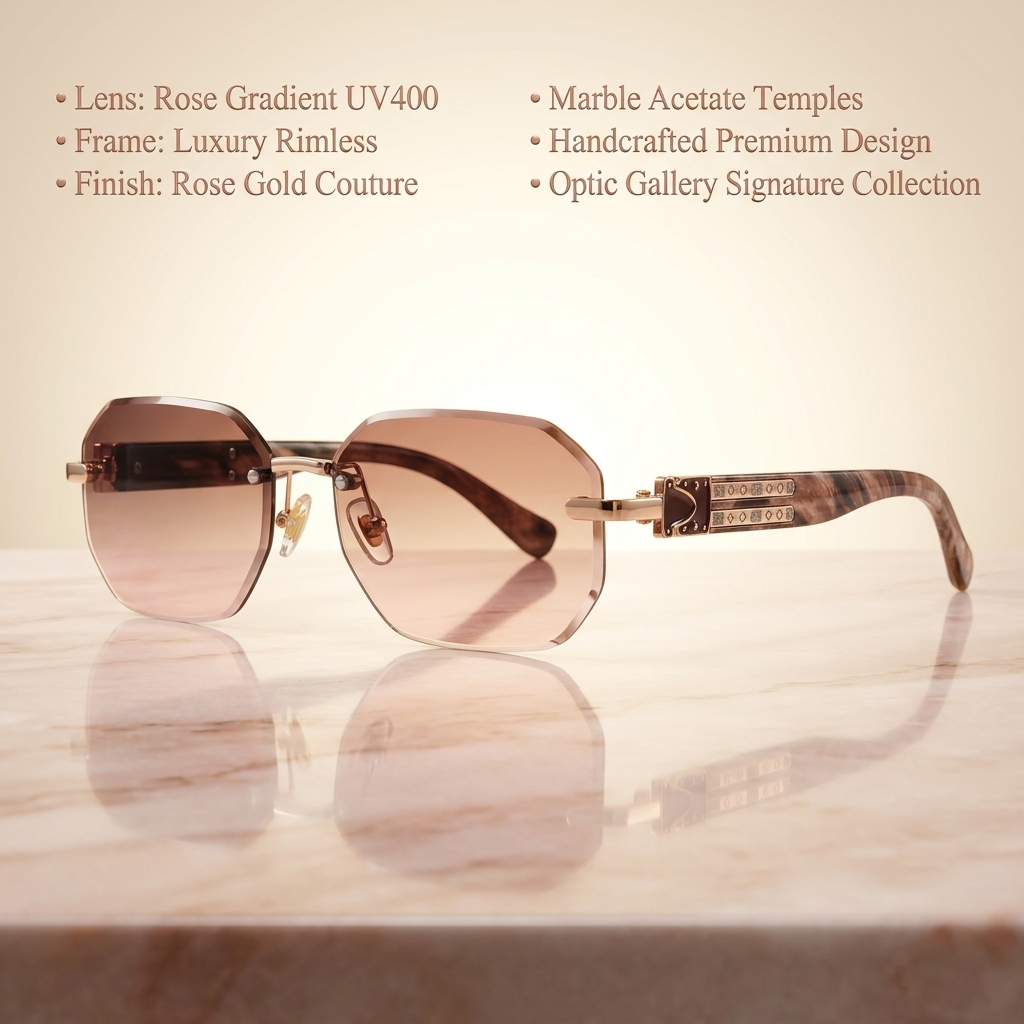 OG Rose Imperium | Luxury Rimless Blush Geometric Sunglasses with Gold Signature Temples