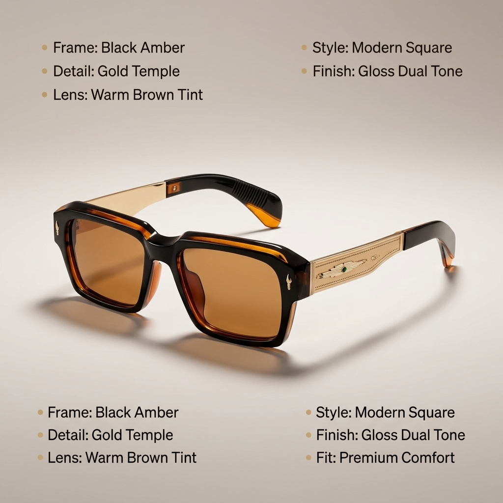 OG Royal Amber Luxe | Black & Amber Square Sunglasses with Gold Signature Temples