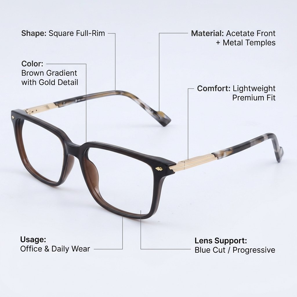 OG Royal Crest Full Rim Square Eyeglasses | Premium Brown & Gold Lightweight Optical Frame for Men