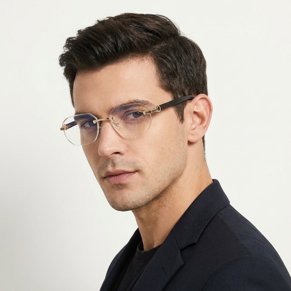 OG Royal Eclipse | Luxury Gold Rimless Square Eyeglasses with Black Carbon Temples