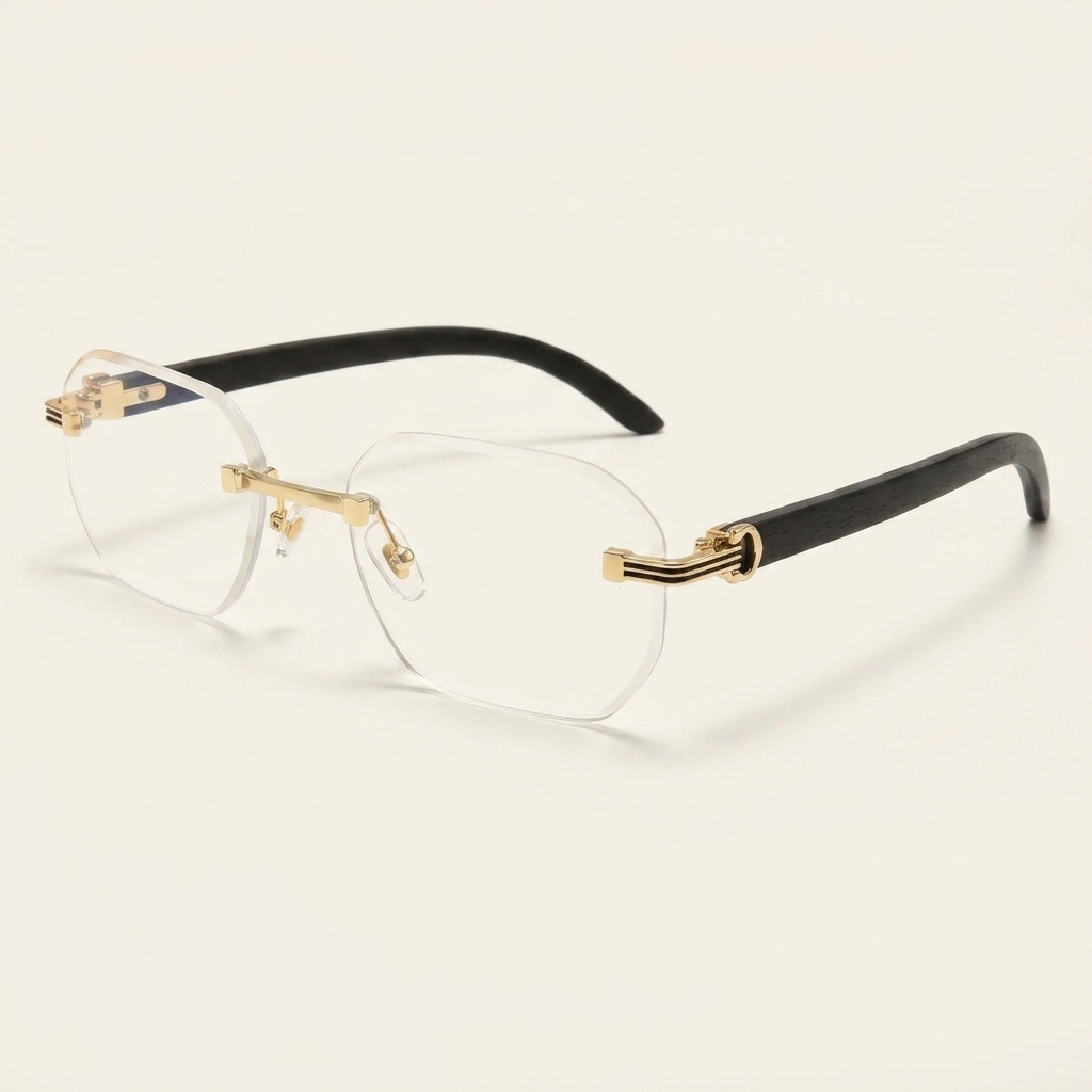 OG Royal Eclipse | Luxury Gold Rimless Square Eyeglasses with Black Carbon Temples