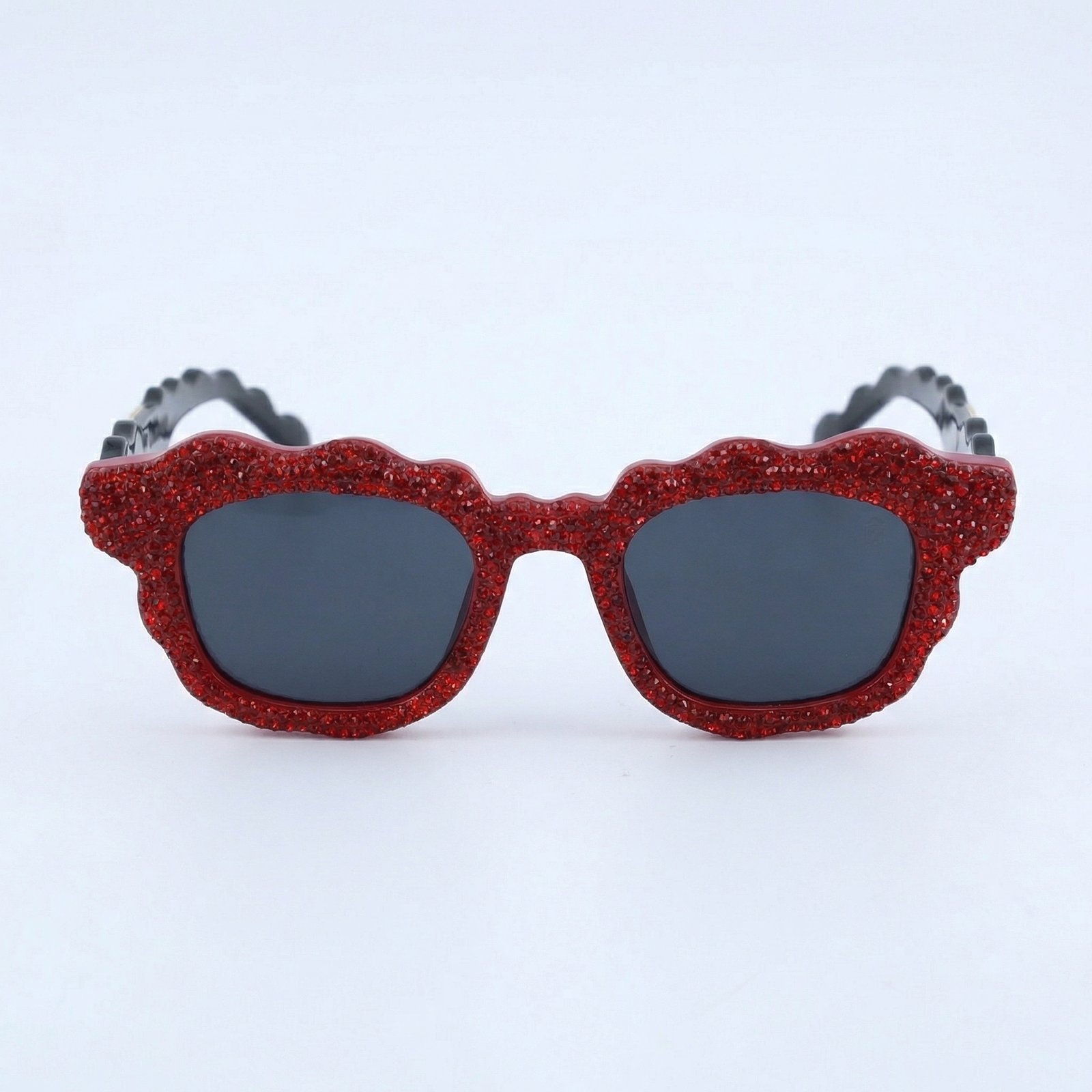 OG Scarlet Wave Crystal Square Sunglasses | Red Diamond-Studded Designer Statement Shades for Women