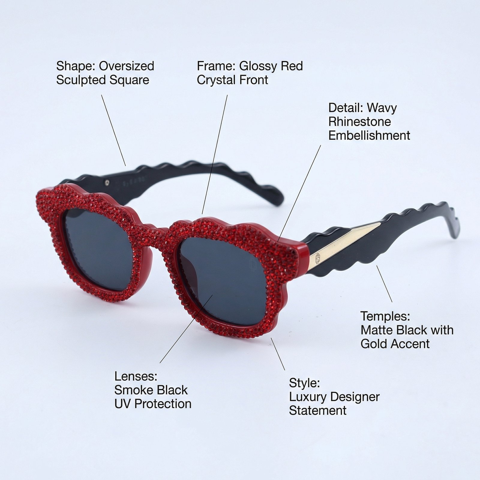 OG Scarlet Wave Crystal Square Sunglasses | Red Diamond-Studded Designer Statement Shades for Women