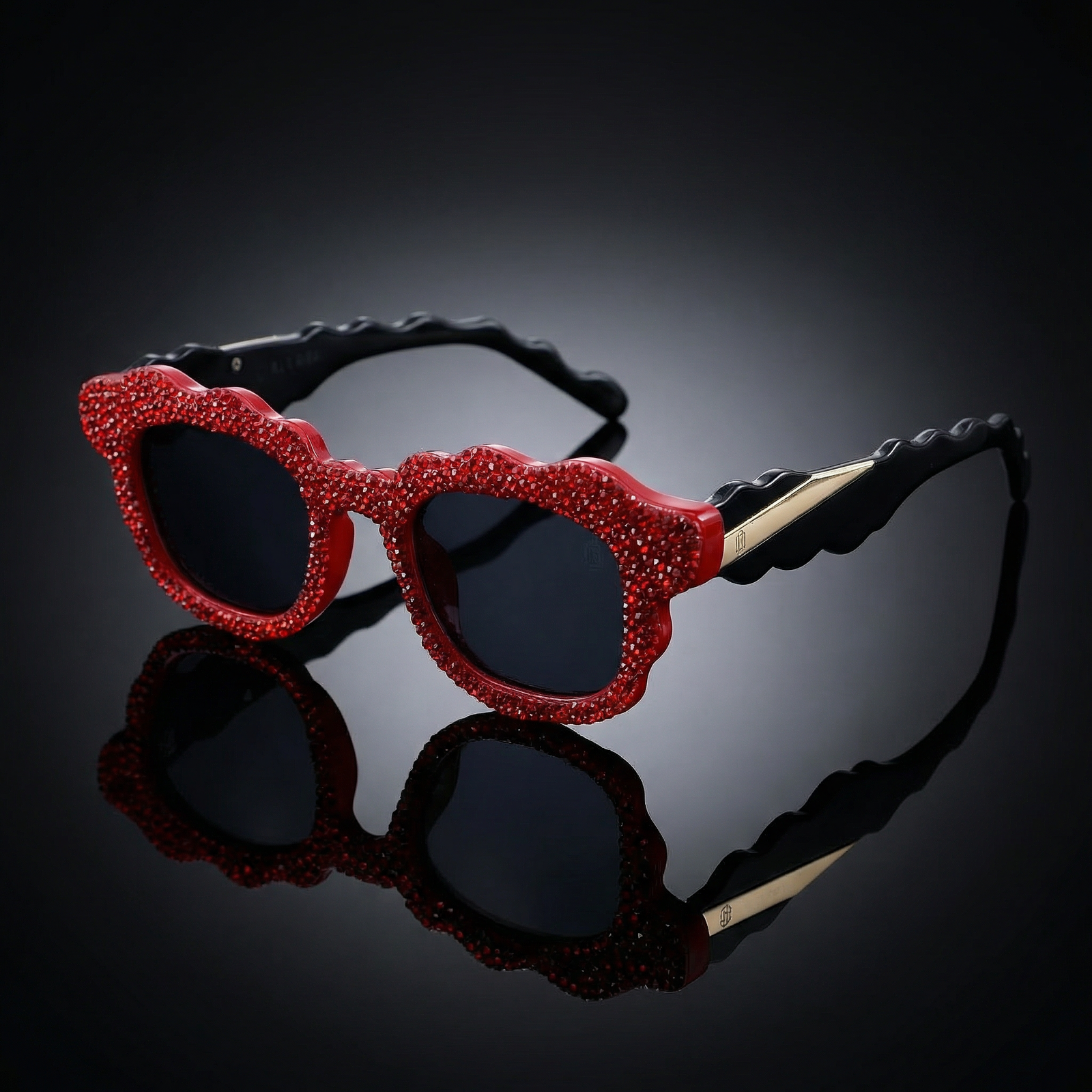 OG Scarlet Wave Crystal Square Sunglasses | Red Diamond-Studded Designer Statement Shades for Women