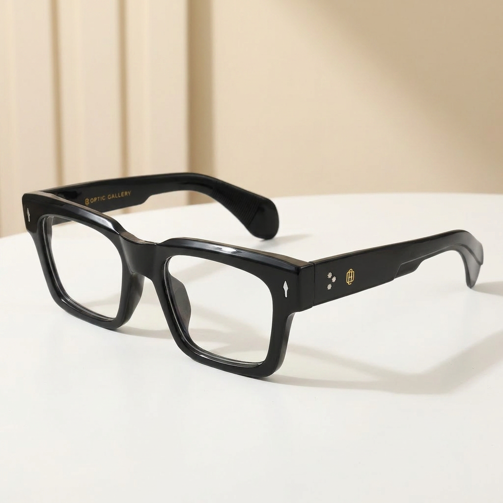 OG Shadow Mark | Matte Black Square Eyeglasses with Gold Signature Temples