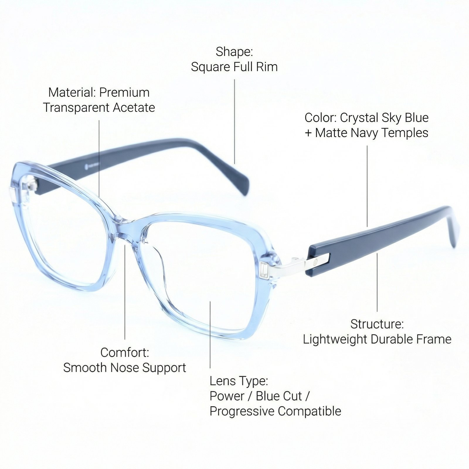 OG Sky Glow Full Rim Square Eyeglasses | Transparent Ice Blue Lightweight Optical Frame for Women