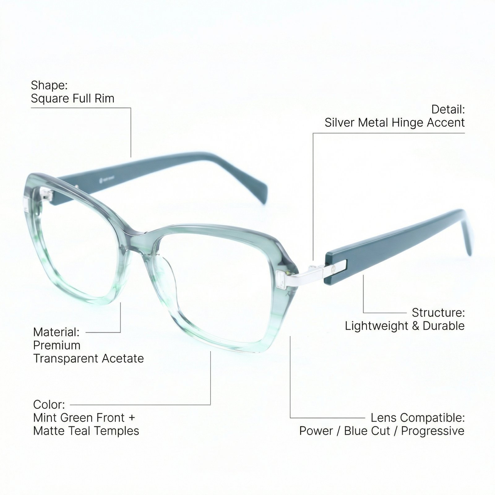 OG Sky Glow Full Rim Square Eyeglasses | Transparent Ice Blue Lightweight Optical Frame for Women