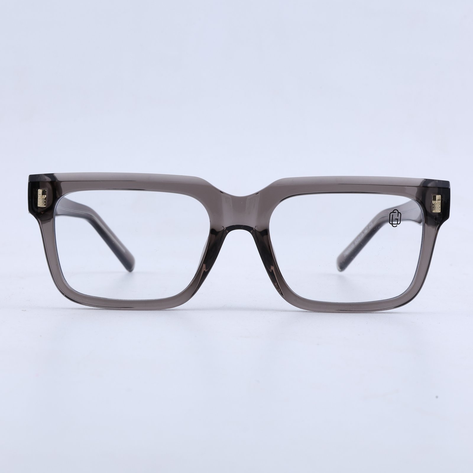 OG Smoke Quartz | Transparent Ash Square Eyeglasses with Gold Signature Accents