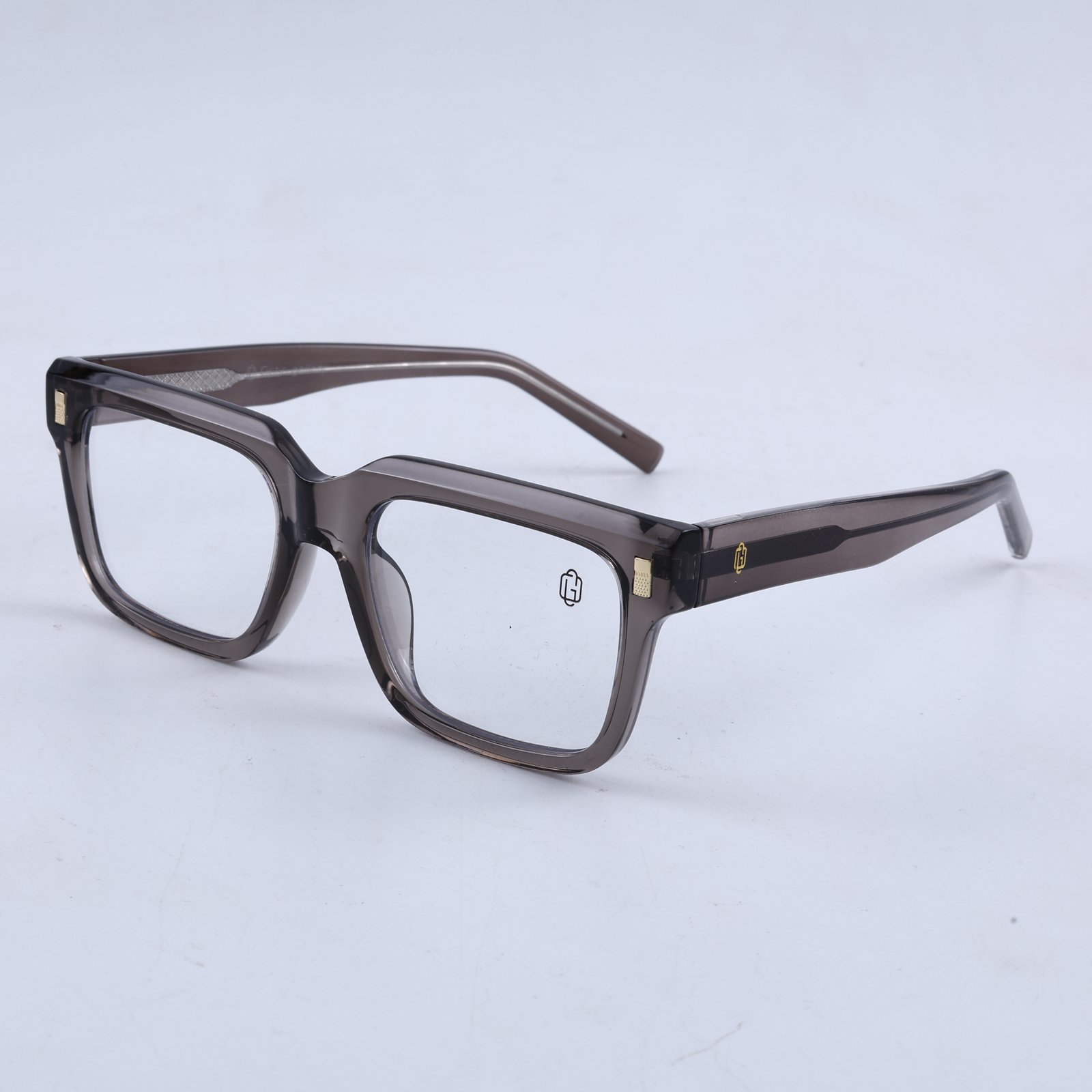 OG Smoke Quartz | Transparent Ash Square Eyeglasses with Gold Signature Accents
