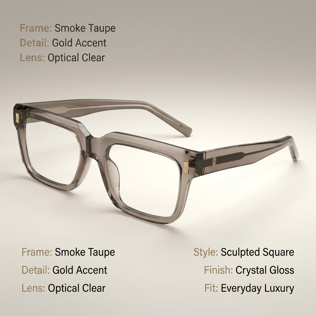 OG Smoke Quartz | Transparent Ash Square Eyeglasses with Gold Signature Accents