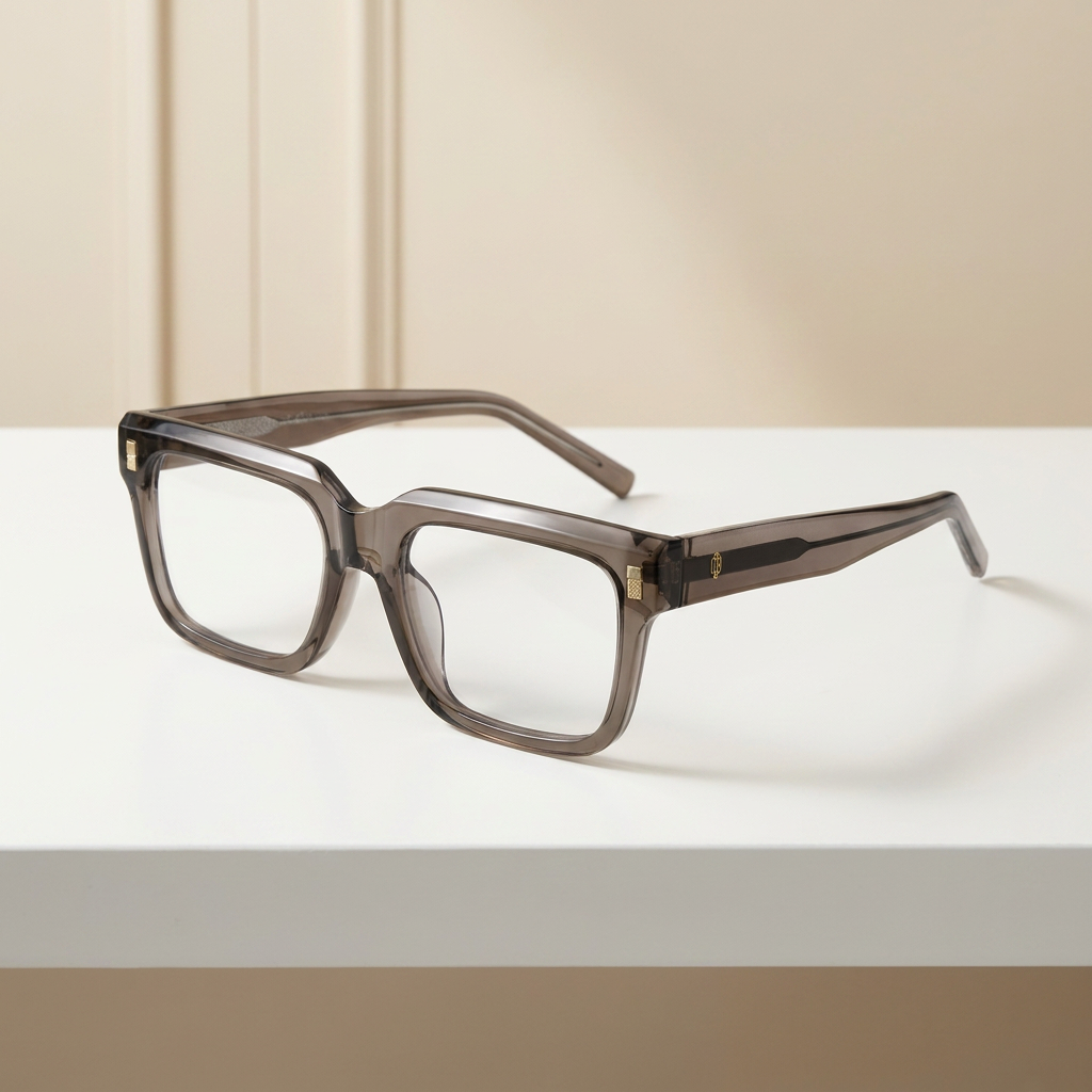 OG Smoke Quartz | Transparent Ash Square Eyeglasses with Gold Signature Accents