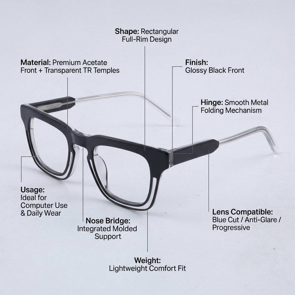 OG Stealth Fusion Full Rim Square Eyeglasses | Premium Glossy Black Transparent Optical Frame for Men