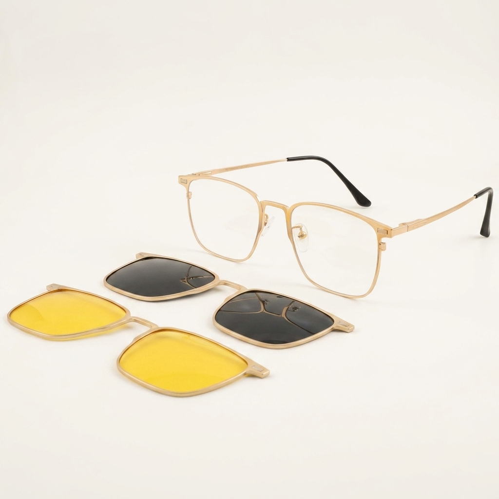 OG Titan Flex | Luxury Gold Magnetic Clip-On Square Eyeglasses with Interchangeable Sun & Night Driving Lenses