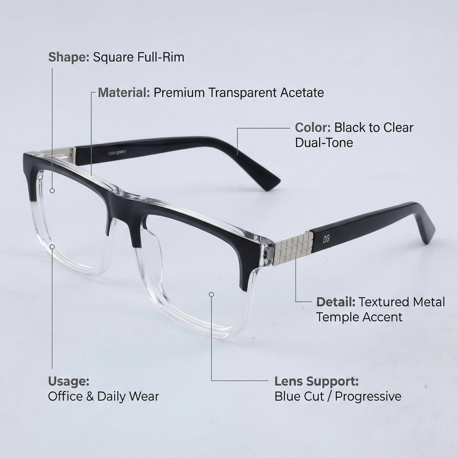 OG Urban Frost Full Rim Square Eyeglasses | Dual Tone Transparent Premium Optical Frame for Men