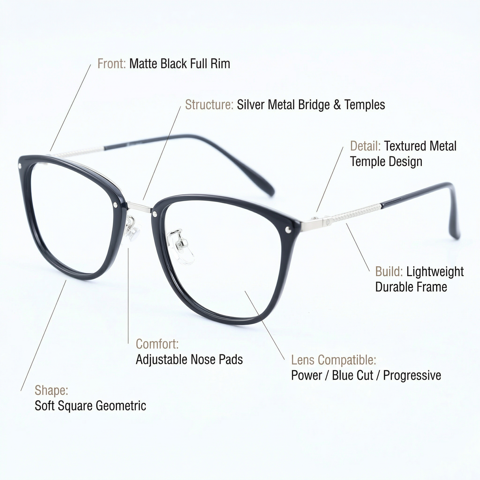 OG Urban Grace Full Rim Cat-Eye Eyeglasses | Black & Silver Slim Metal Hybrid Frame for Women