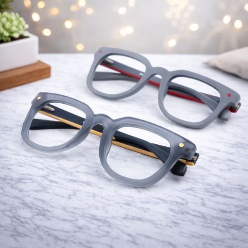 Square Modern Blue-Block Eyeglasses for Men & Women | Red & Yellow Frame