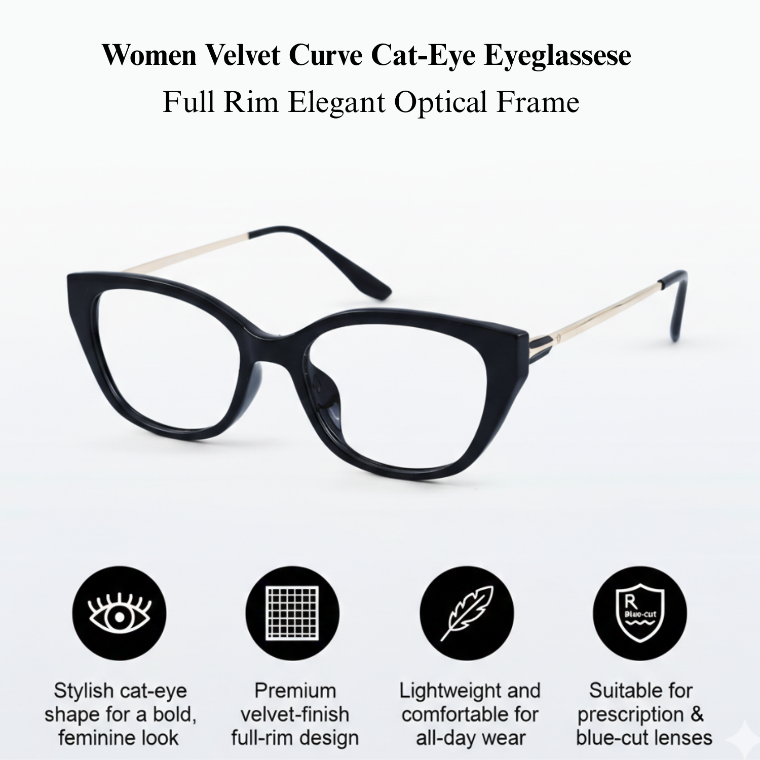 Women Velvet Curve Cat-Eye Eyeglasses | Full Rim Elegant Optical Frame
